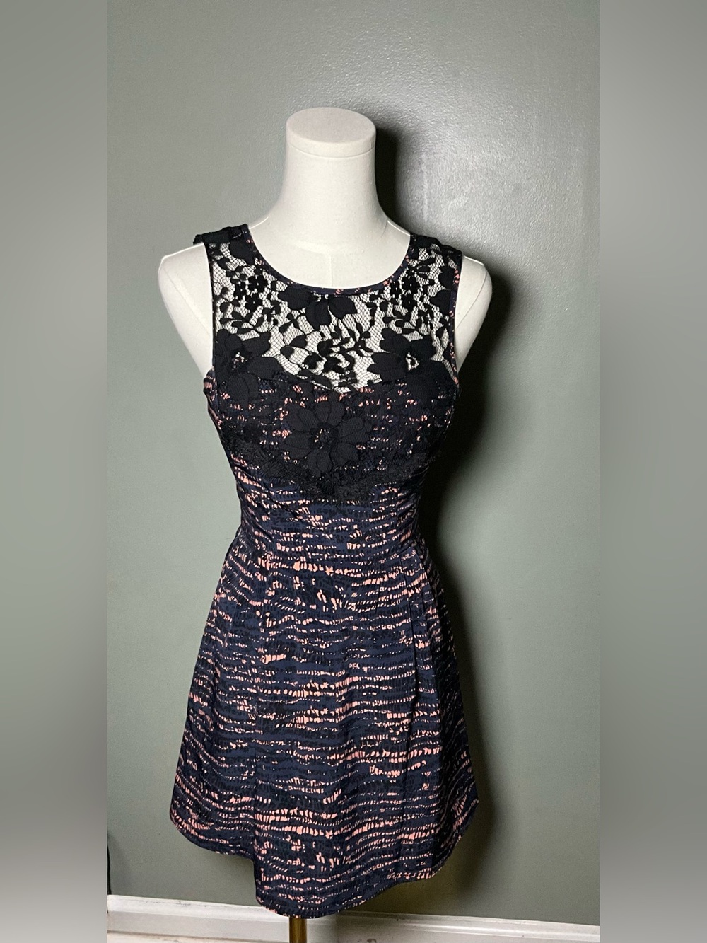 BCBGeneration Navy & Blush Lace-Accented Fit-and-Flare Mini Dress